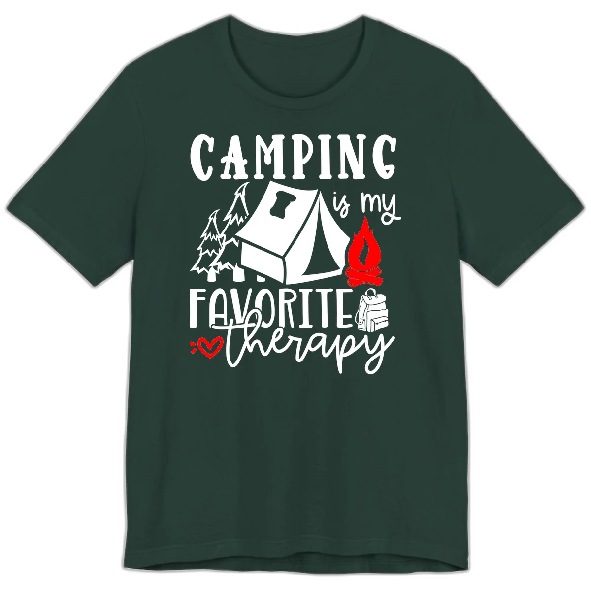 Illustration of tent, campfire, trees, and backpack with text reading 'Camping is my Favorite Therapy' on gray background in Forest