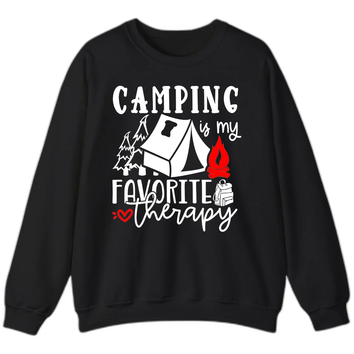 Illustration of tent, campfire, trees, and backpack with text reading 'Camping is my Favorite Therapy' on gray background in Black