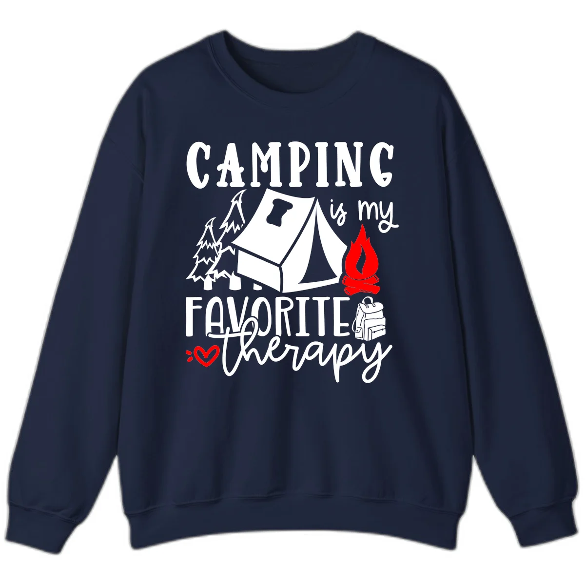 Illustration of tent, campfire, trees, and backpack with text reading 'Camping is my Favorite Therapy' on gray background in Navy