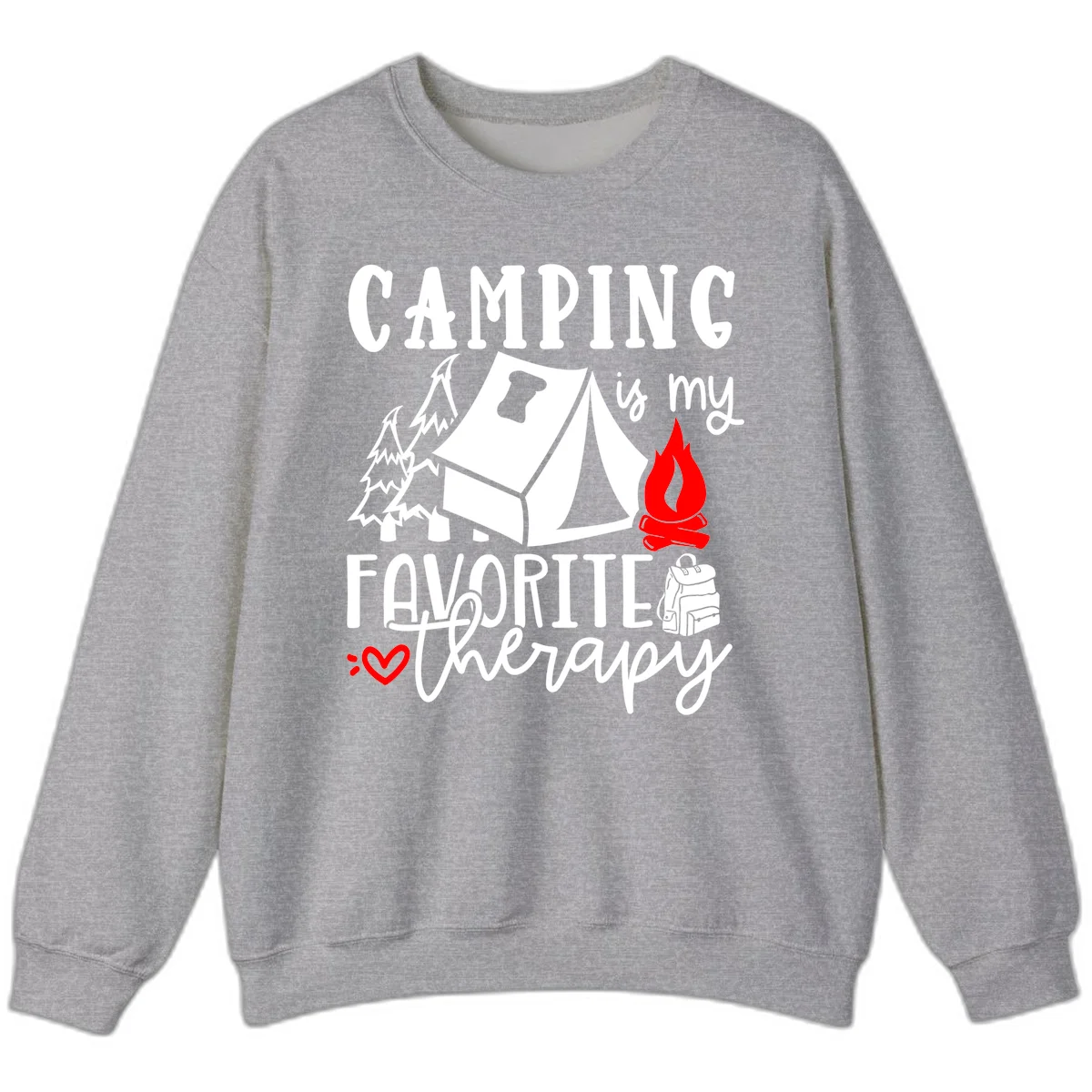 Illustration of tent, campfire, trees, and backpack with text reading 'Camping is my Favorite Therapy' on gray background in Sport Grey