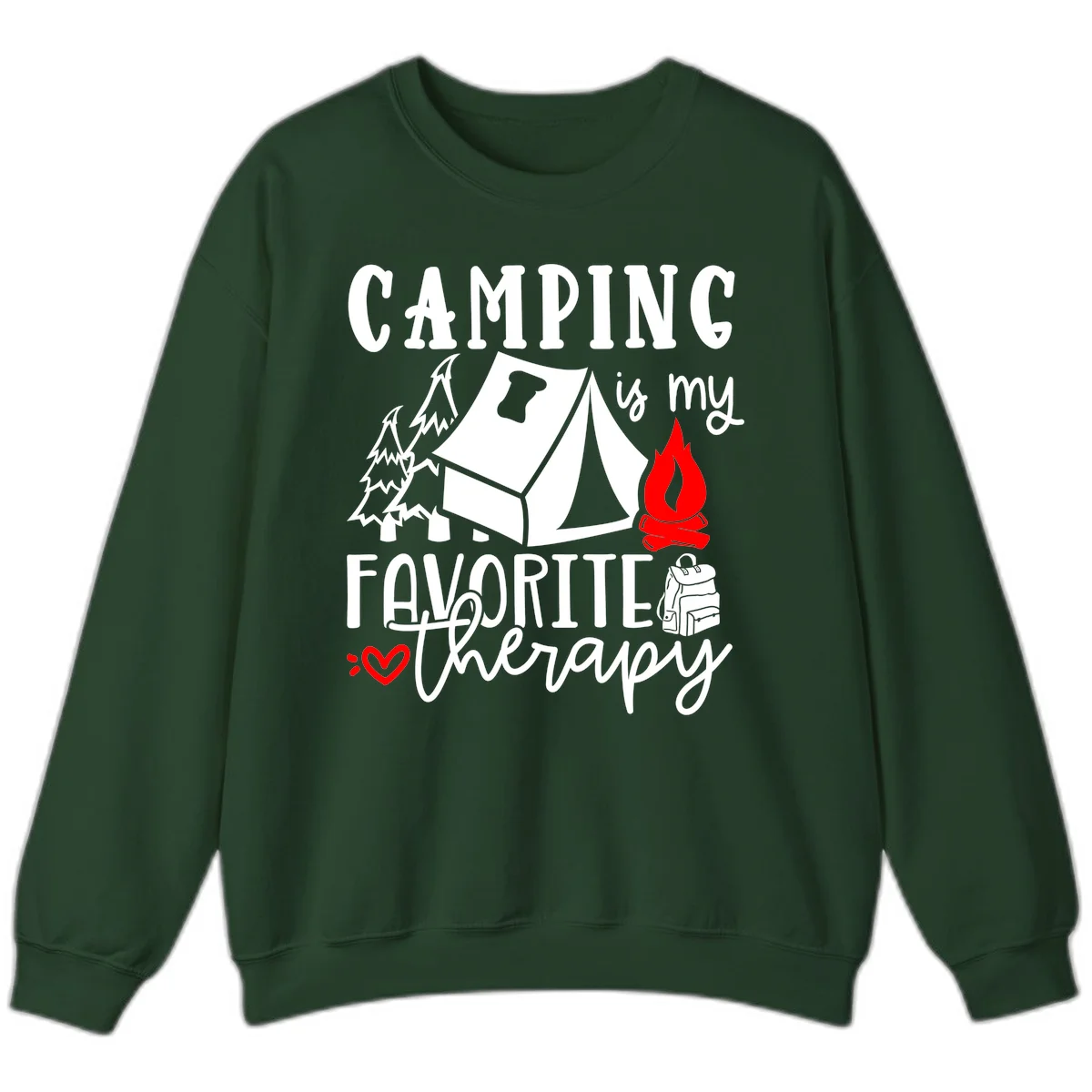 Illustration of tent, campfire, trees, and backpack with text reading 'Camping is my Favorite Therapy' on gray background in Forest Green
