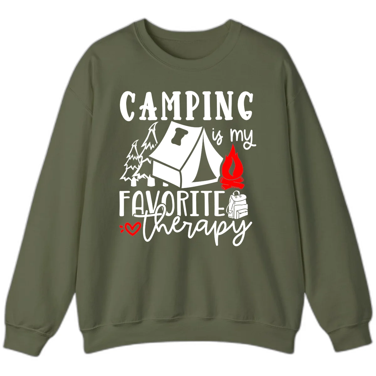 Illustration of tent, campfire, trees, and backpack with text reading 'Camping is my Favorite Therapy' on gray background in Military Green