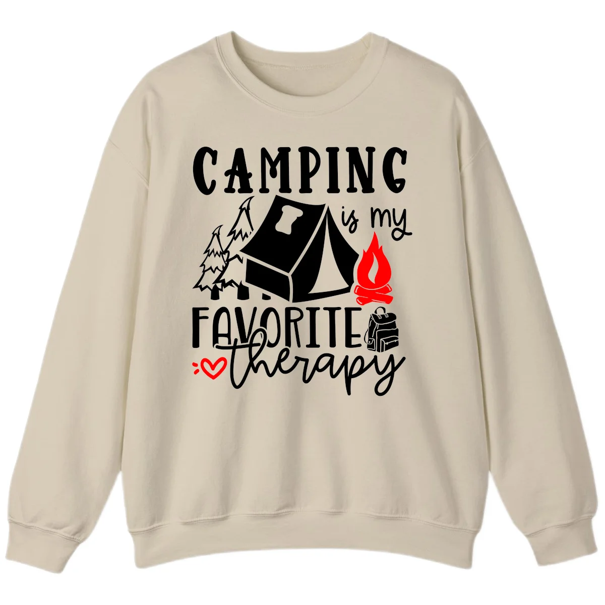 Illustration of tent, campfire, trees, and backpack with text reading 'Camping is my Favorite Therapy' on gray background in Sand