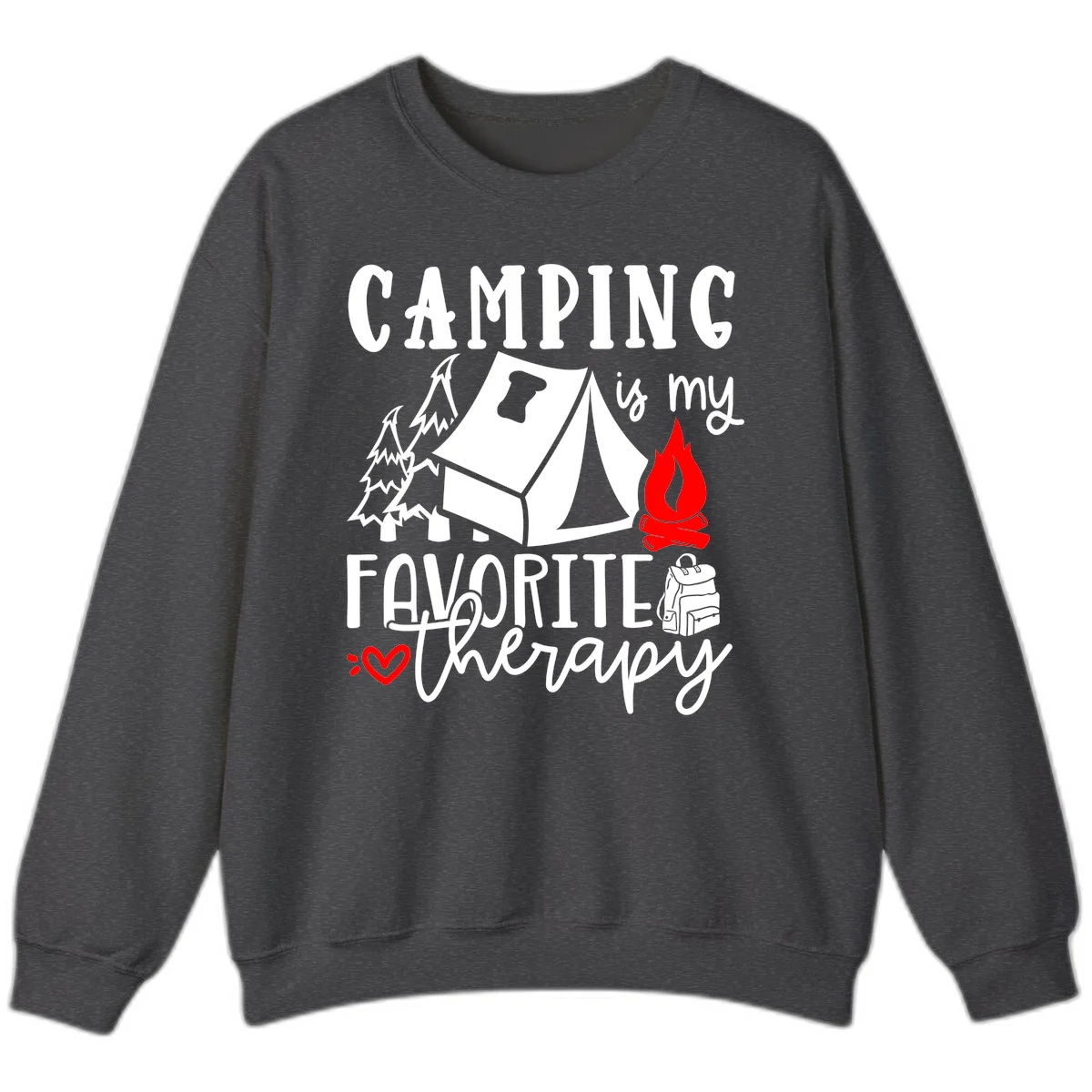 Illustration of tent, campfire, trees, and backpack with text reading 'Camping is my Favorite Therapy' on gray background in Dark Heather