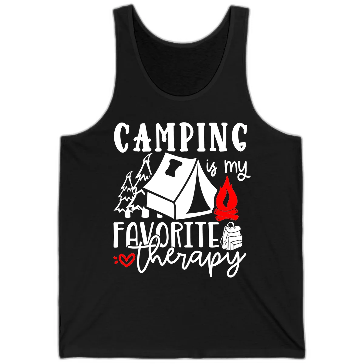 Illustration of tent, campfire, trees, and backpack with text reading 'Camping is my Favorite Therapy' on gray background in Black