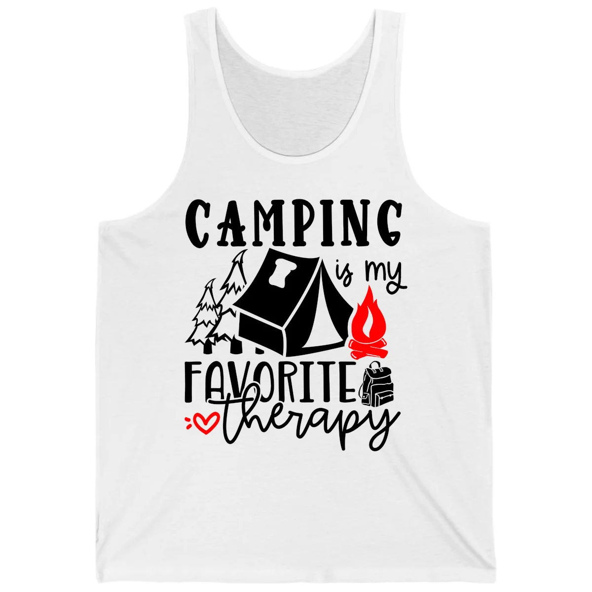Illustration of tent, campfire, trees, and backpack with text reading 'Camping is my Favorite Therapy' on gray background in White