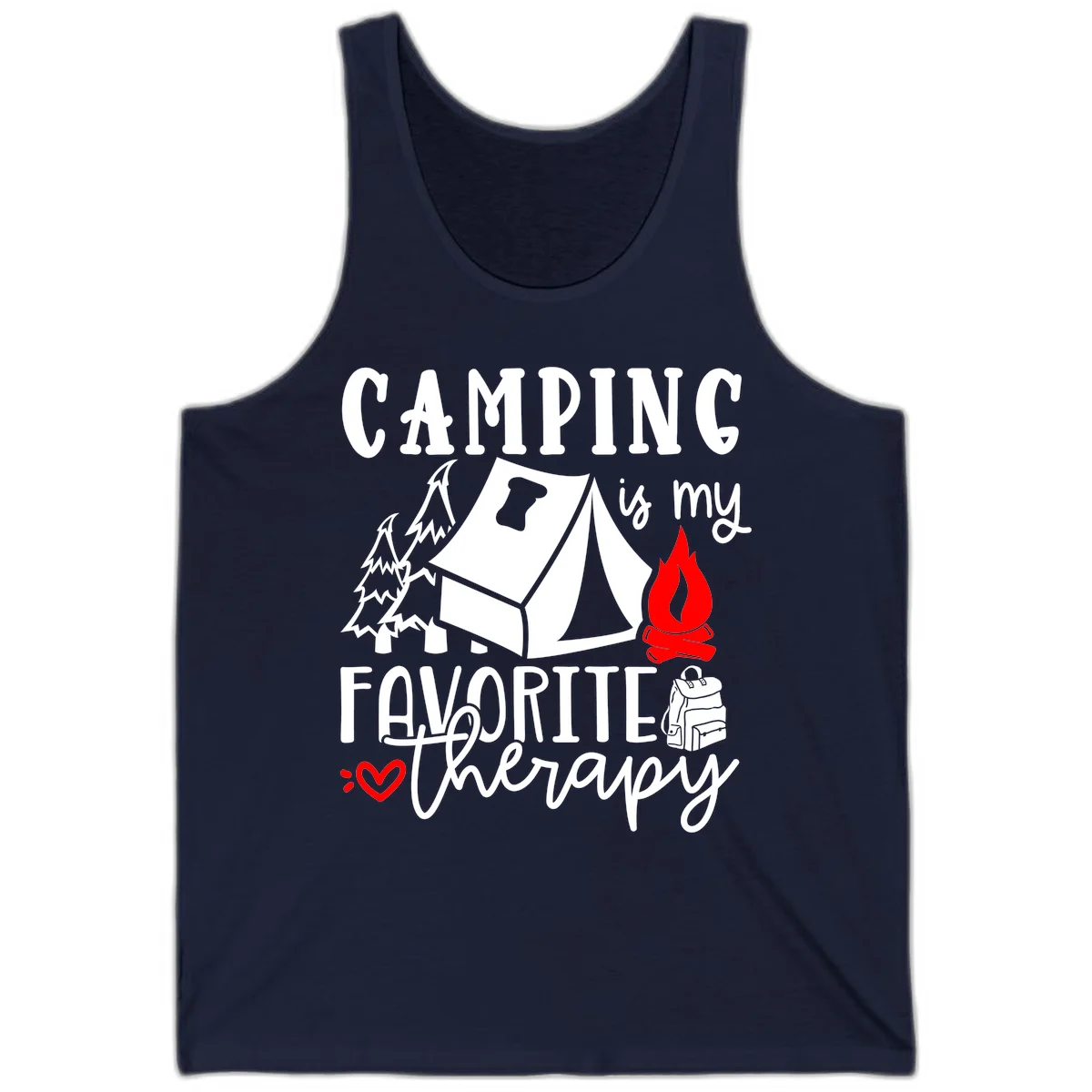 Illustration of tent, campfire, trees, and backpack with text reading 'Camping is my Favorite Therapy' on gray background in Navy