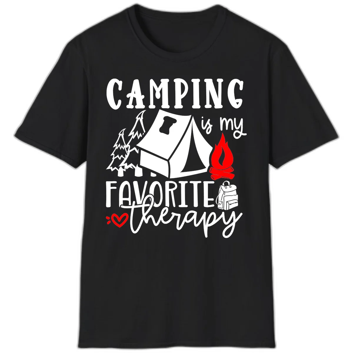 Illustration of tent, campfire, trees, and backpack with text reading 'Camping is my Favorite Therapy' on gray background in Black