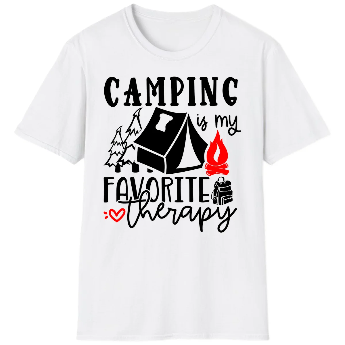 Illustration of tent, campfire, trees, and backpack with text reading 'Camping is my Favorite Therapy' on gray background in White