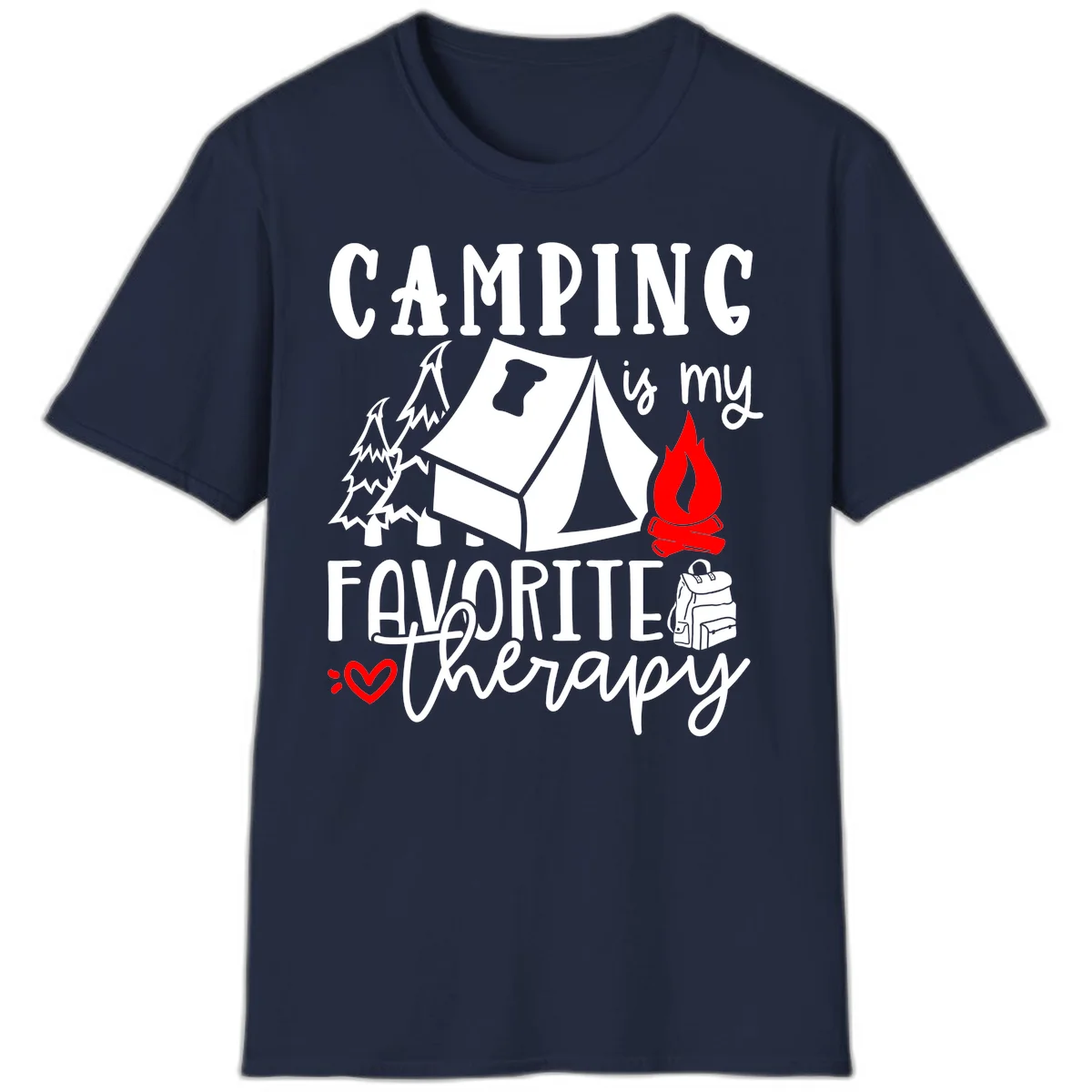 Illustration of tent, campfire, trees, and backpack with text reading 'Camping is my Favorite Therapy' on gray background in Navy
