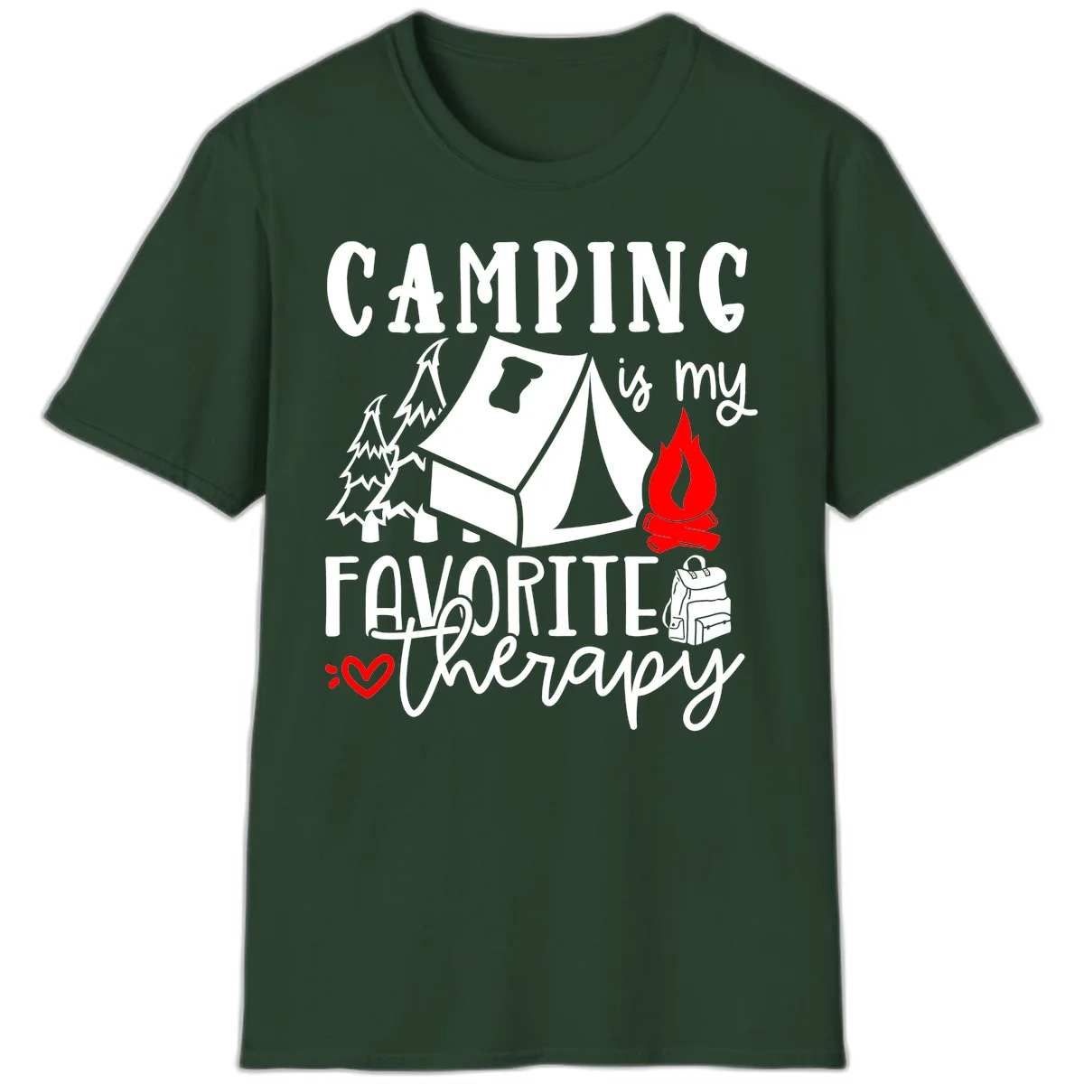 Illustration of tent, campfire, trees, and backpack with text reading 'Camping is my Favorite Therapy' on gray background in Forest Green