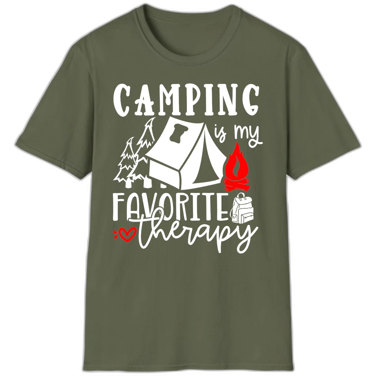 Illustration of tent, campfire, trees, and backpack with text reading 'Camping is my Favorite Therapy' on gray background in Military Green