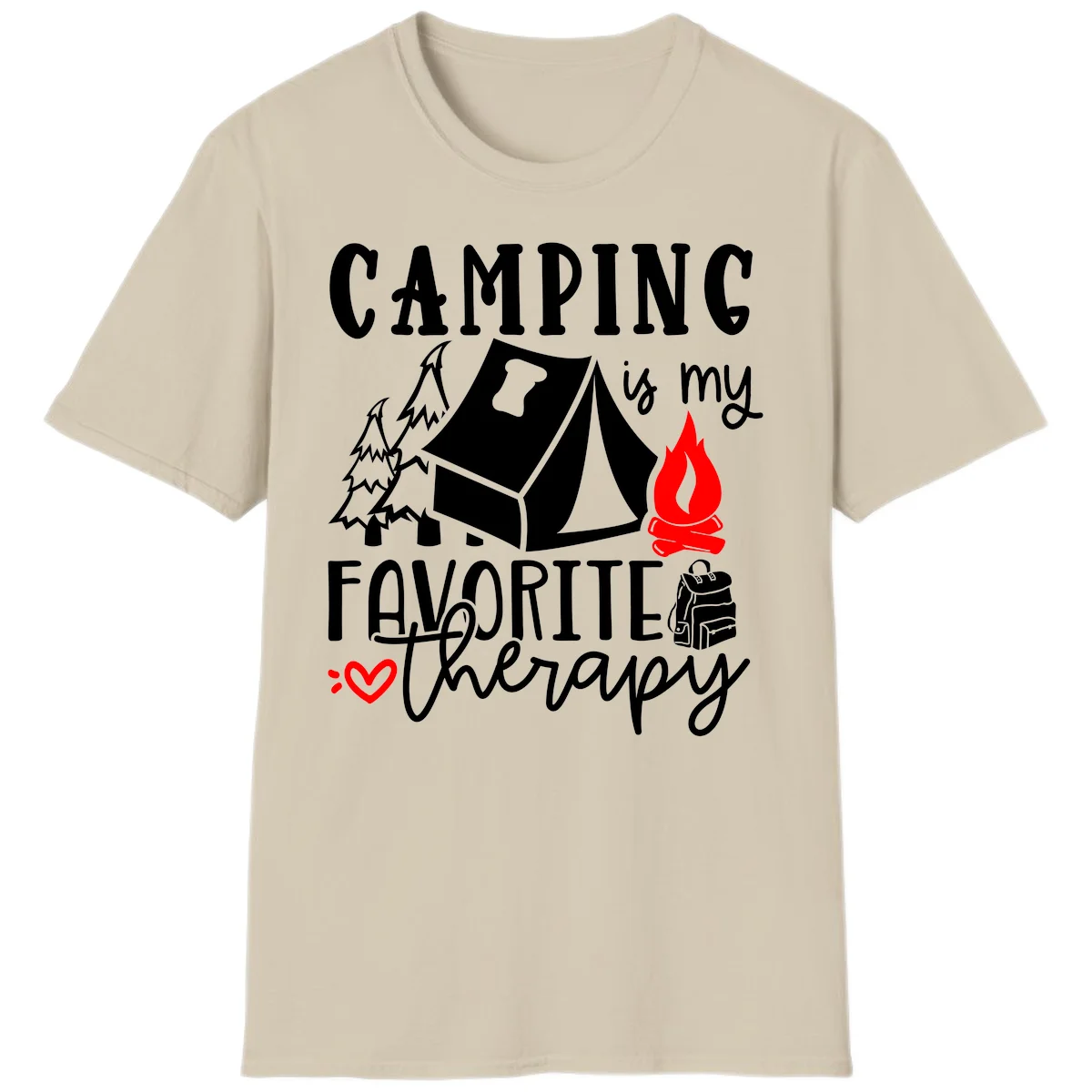 Illustration of tent, campfire, trees, and backpack with text reading 'Camping is my Favorite Therapy' on gray background in Sand