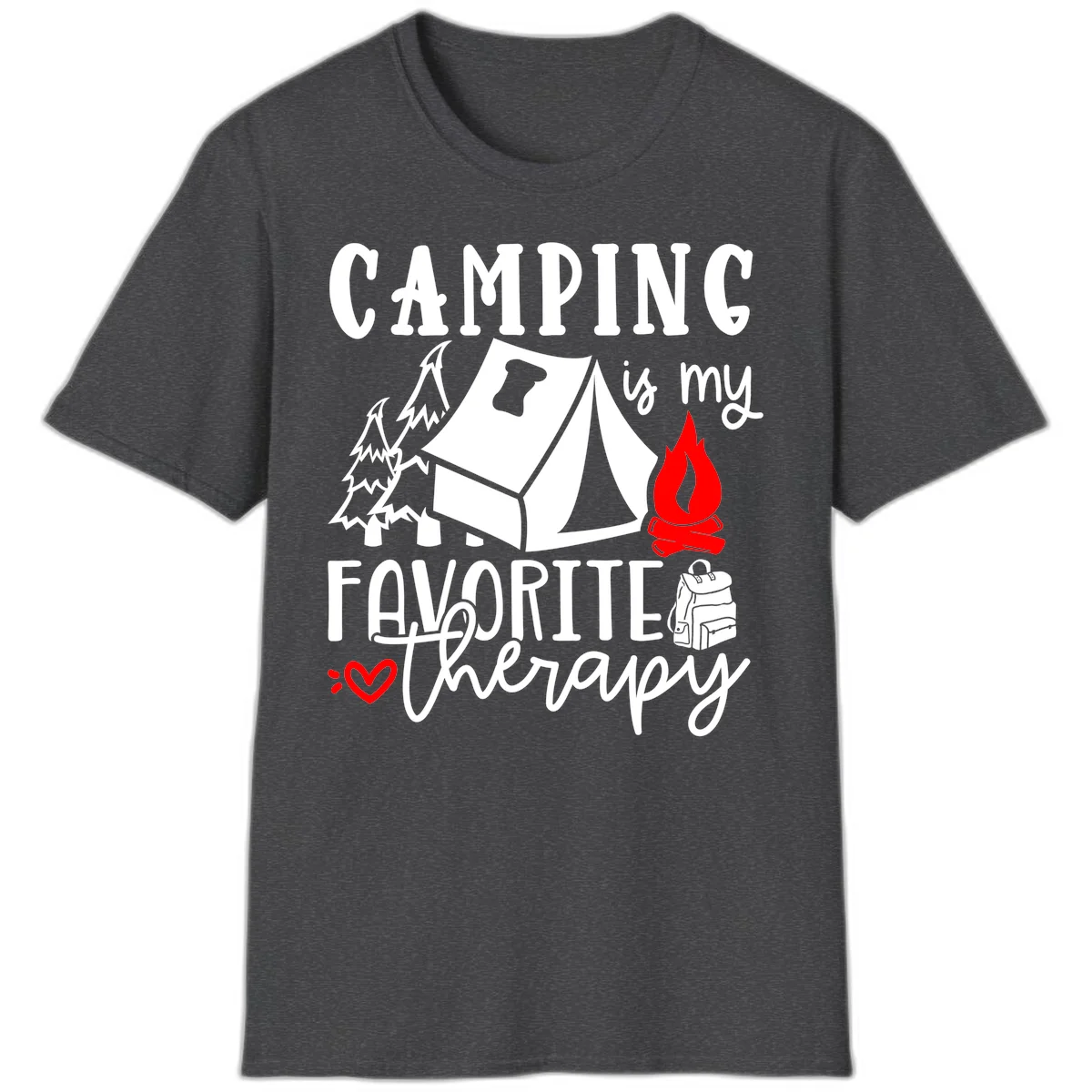 Illustration of tent, campfire, trees, and backpack with text reading 'Camping is my Favorite Therapy' on gray background in Dark Heather