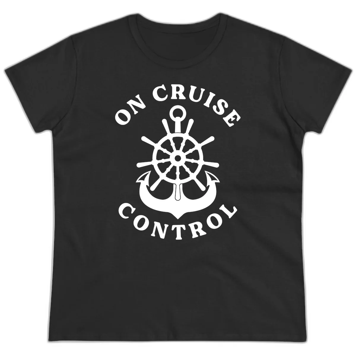On Cruise Control Nautical Wheel Ladies Tee in Black