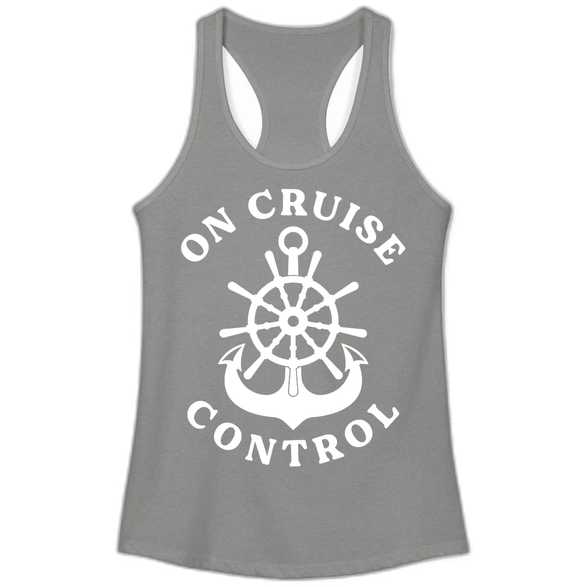 On Cruise Control Nautical Wheel Ladies Tank in Heather Grey