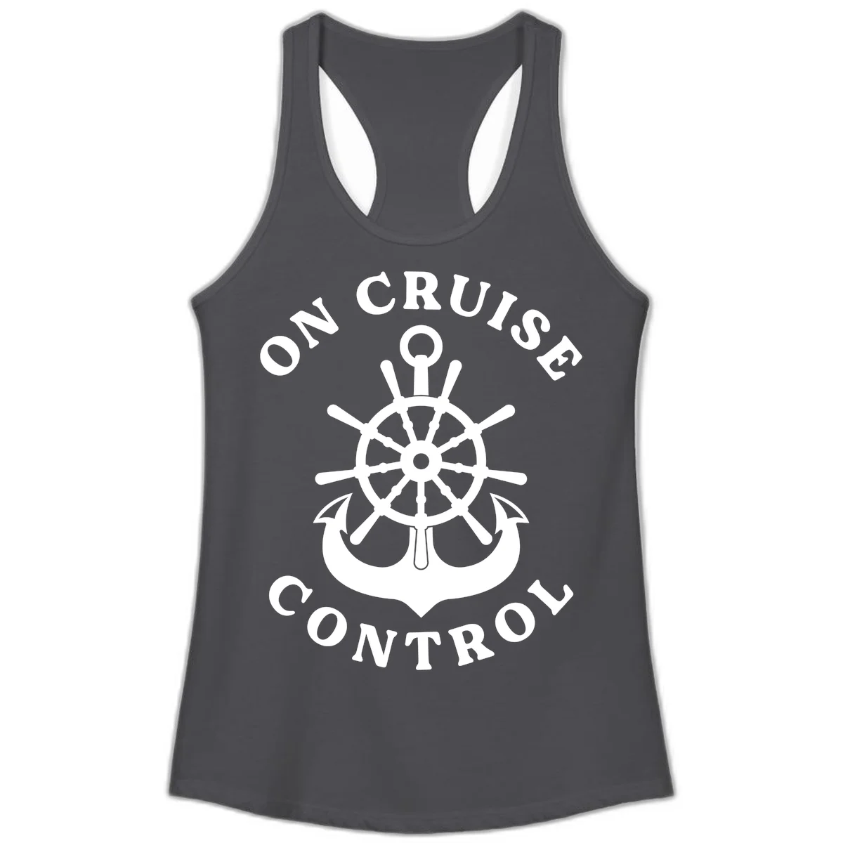 On Cruise Control Nautical Wheel Ladies Tank in Solid Dark Gray
