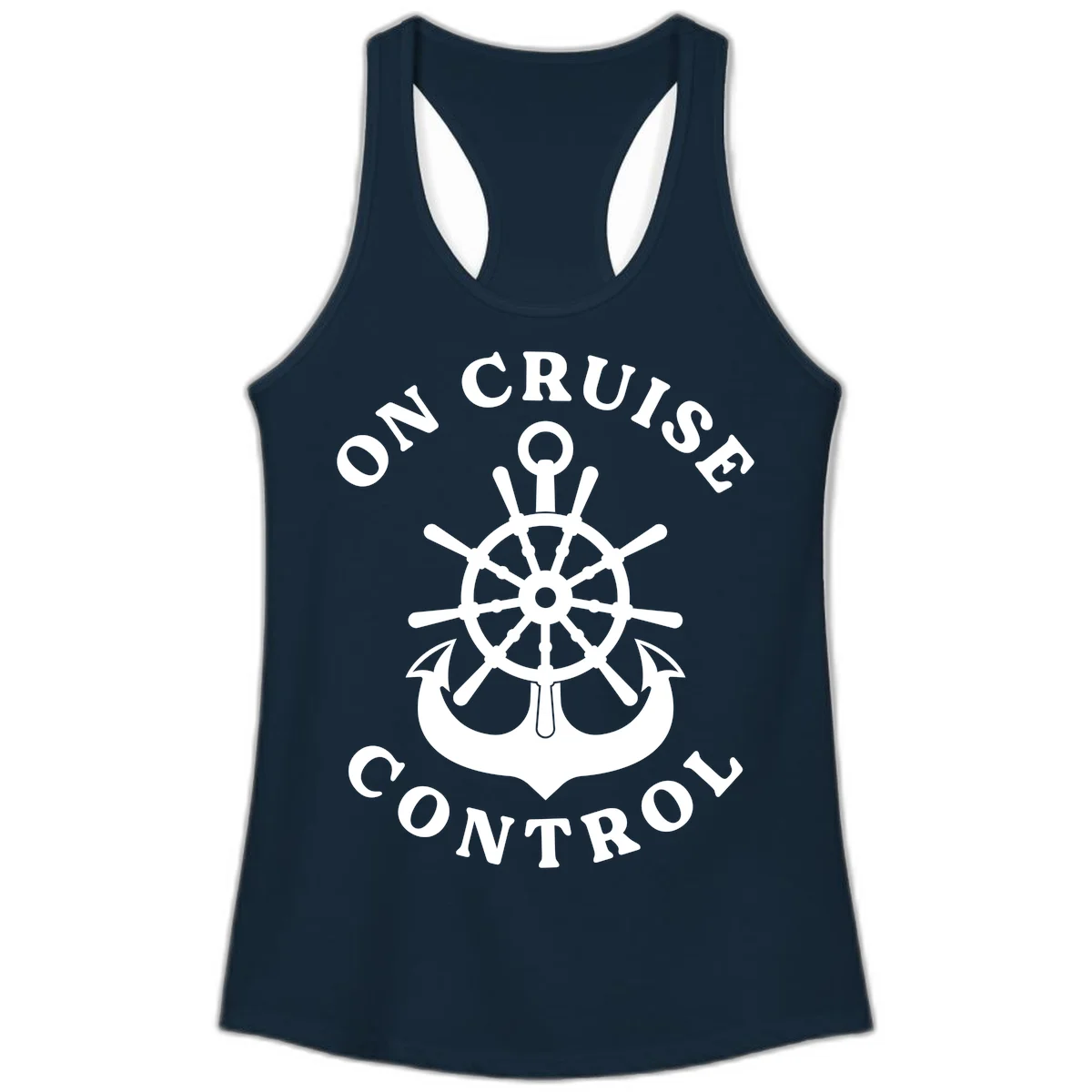 On Cruise Control Nautical Wheel Ladies Tank in Solid Midnight Navy