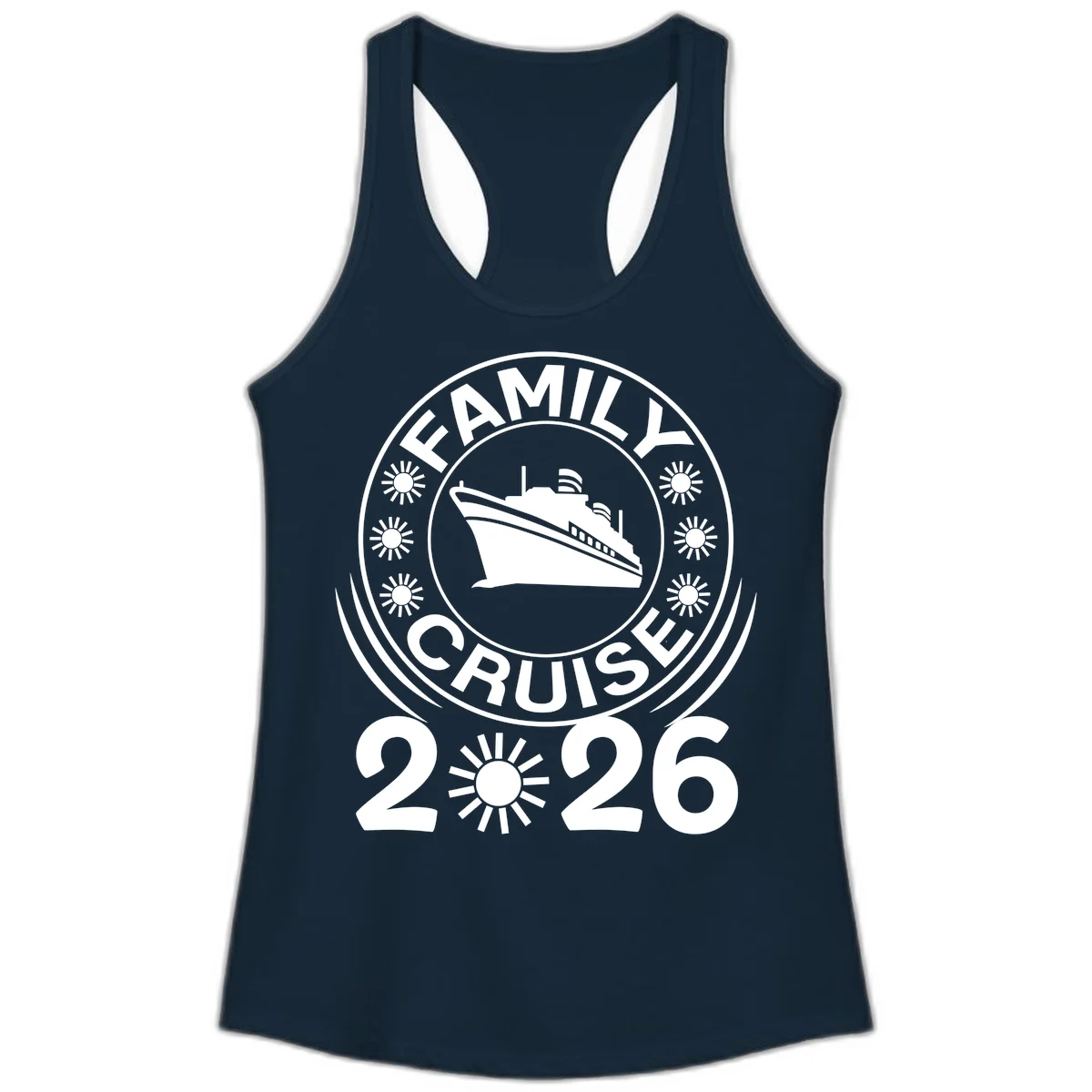 Family Cruise 2026 Badge Ladies Tank - Racerback Style in Solid Midnight Navy
