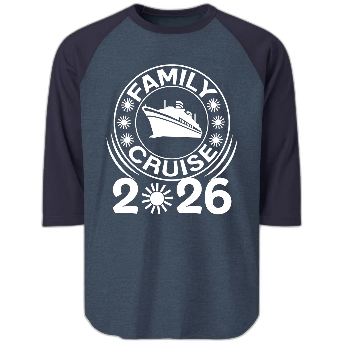 Family Cruise 2026 Badge Raglan 3/4 Sleeve Shirt in Heather Denim Navy
