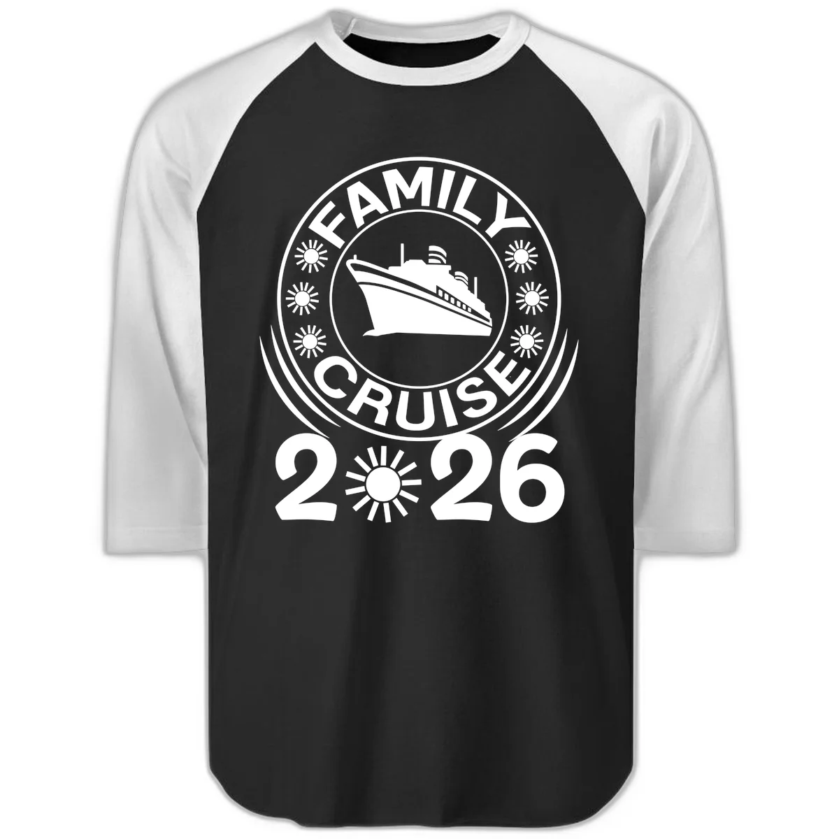 Family Cruise 2026 Badge Raglan 3/4 Sleeve Shirt in Black White