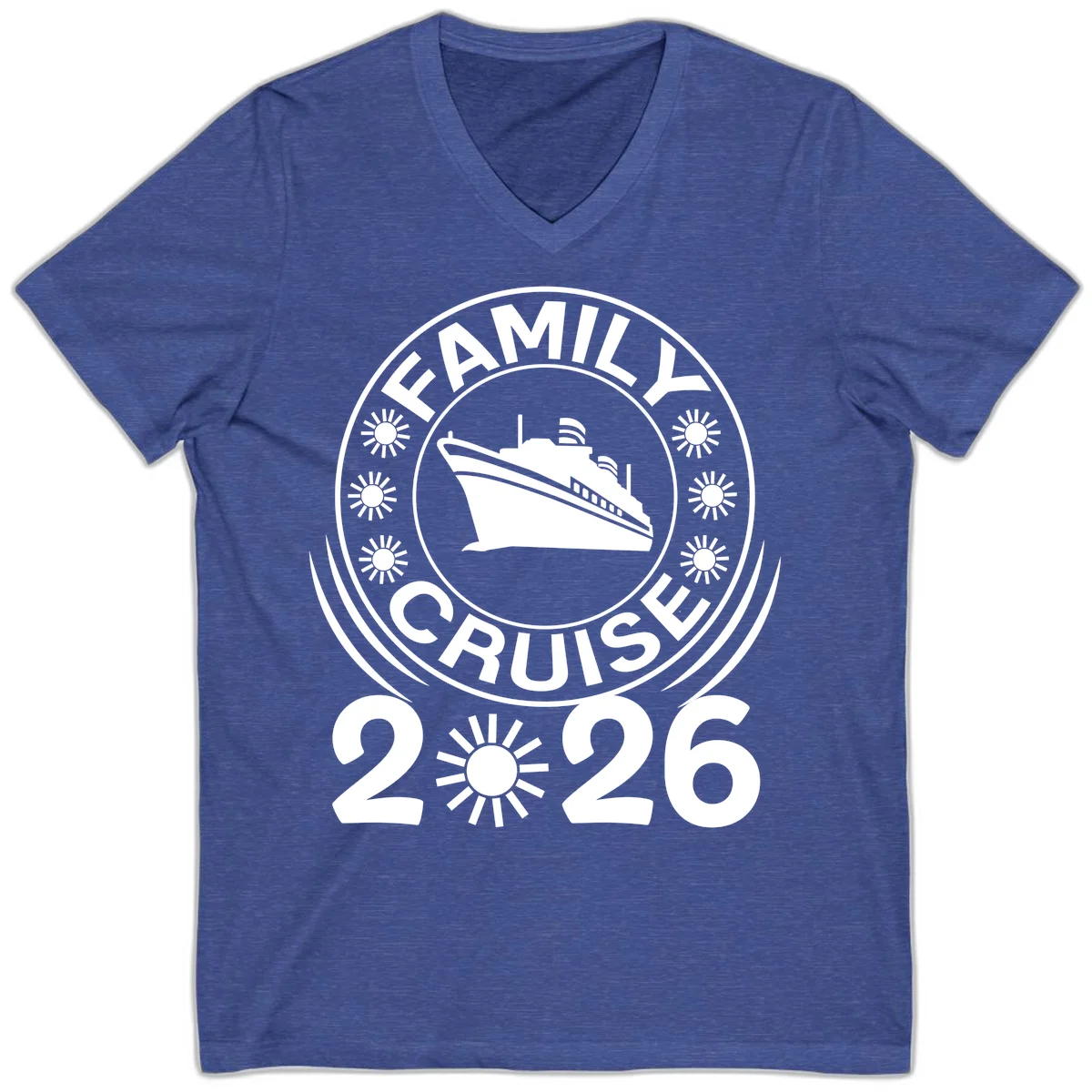 Family Cruise 2026 Badge V-Neck T-Shirt - Cruise Memories in Heather True Royal