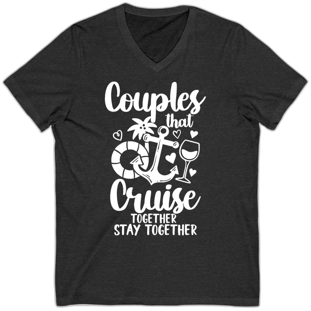 Couples That Cruise Together V-Neck Tee in Dark Grey Heather