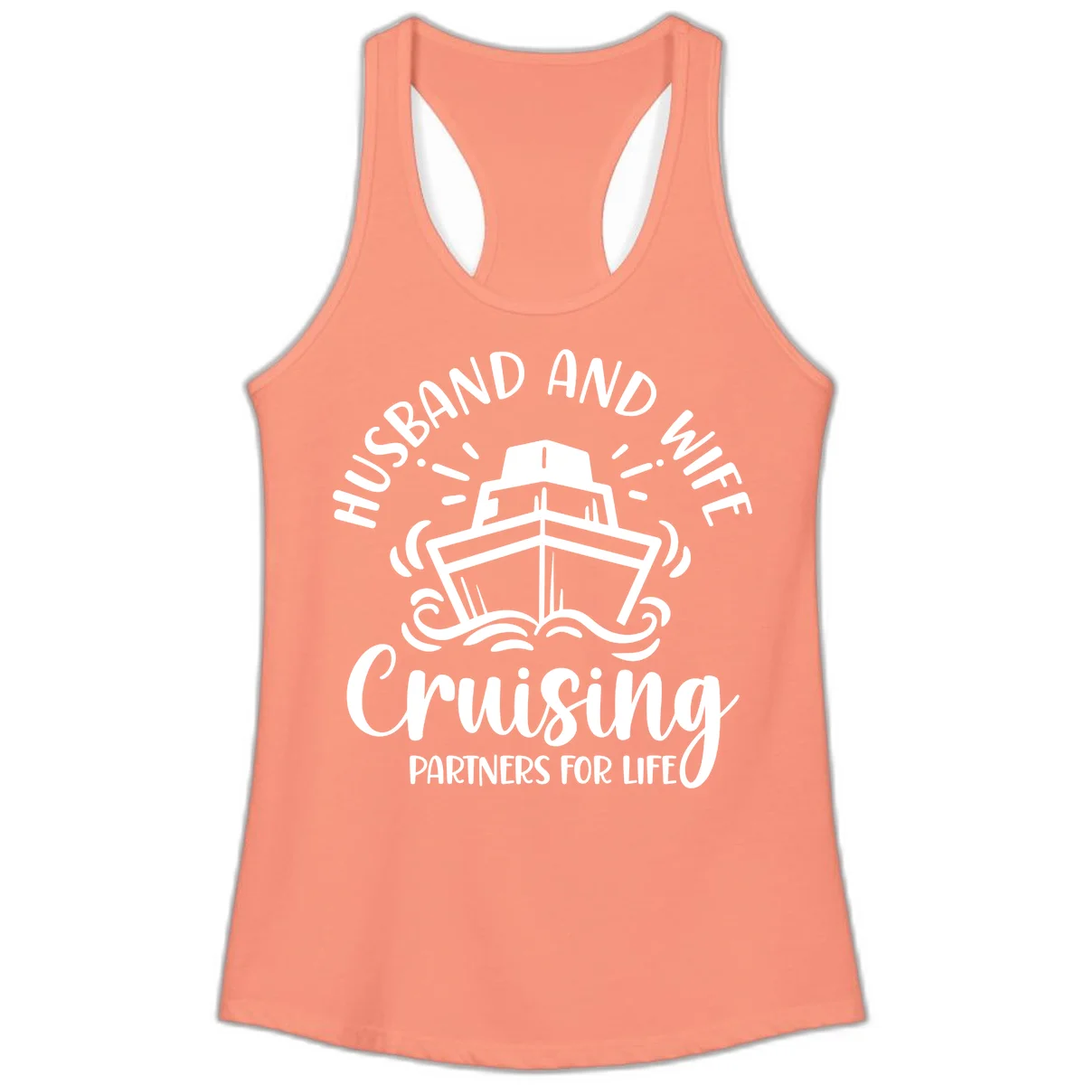 Husband And Wife Cruising Partners For Life Ladies Tank in Solid Light Orange