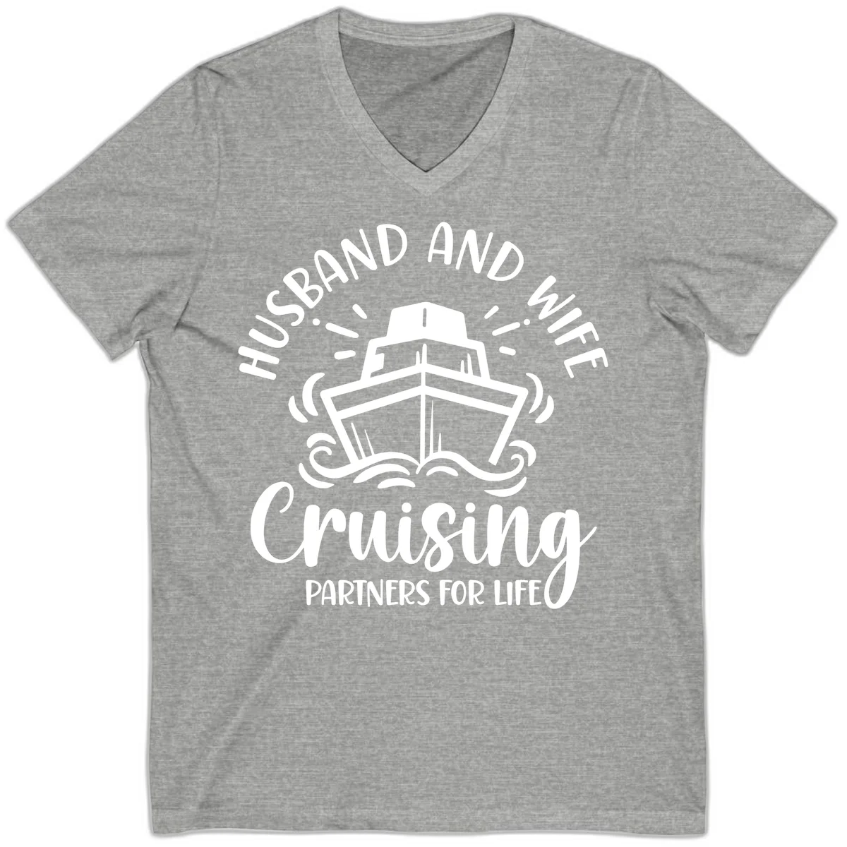 Husband And Wife Cruising Partners For Life V-Neck in Athletic Heather