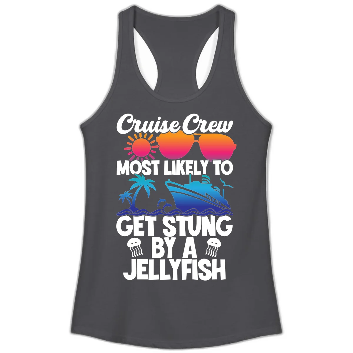 Most Likely To Get Stung By A Jellyfish Ladies Tank in Solid Dark Gray