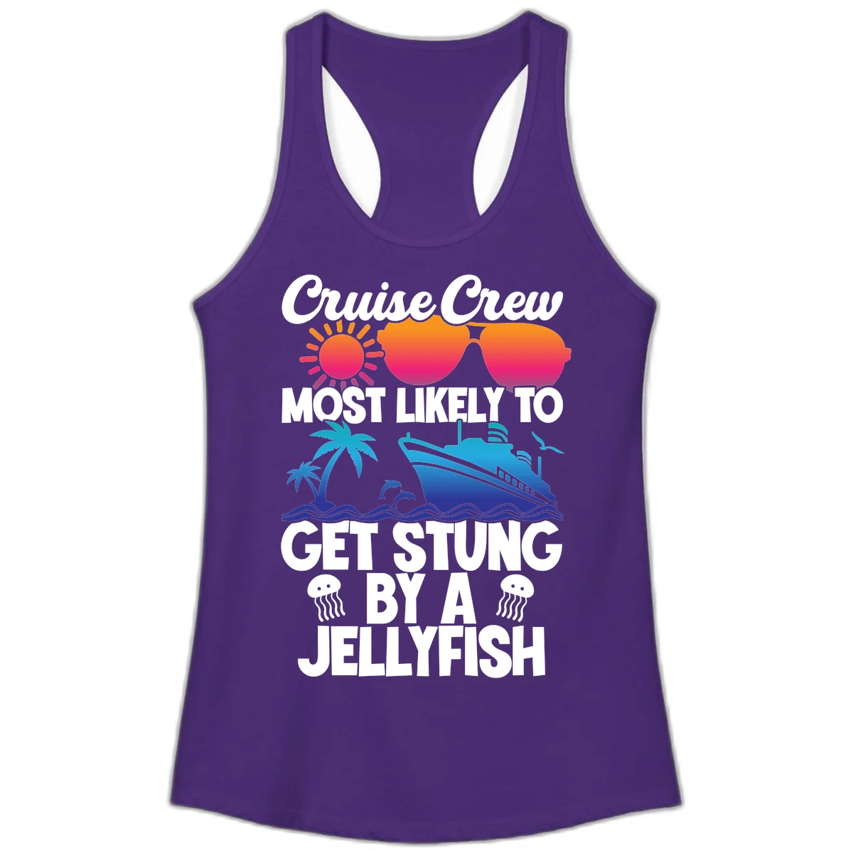 Most Likely To Get Stung By A Jellyfish Ladies Tank in Solid Purple Rush