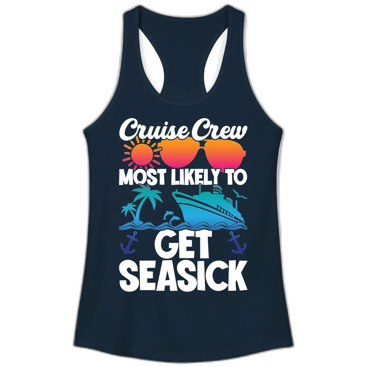 Cruise Crew Most Likely To Get Seasick Ladies Tank in Solid Midnight Navy