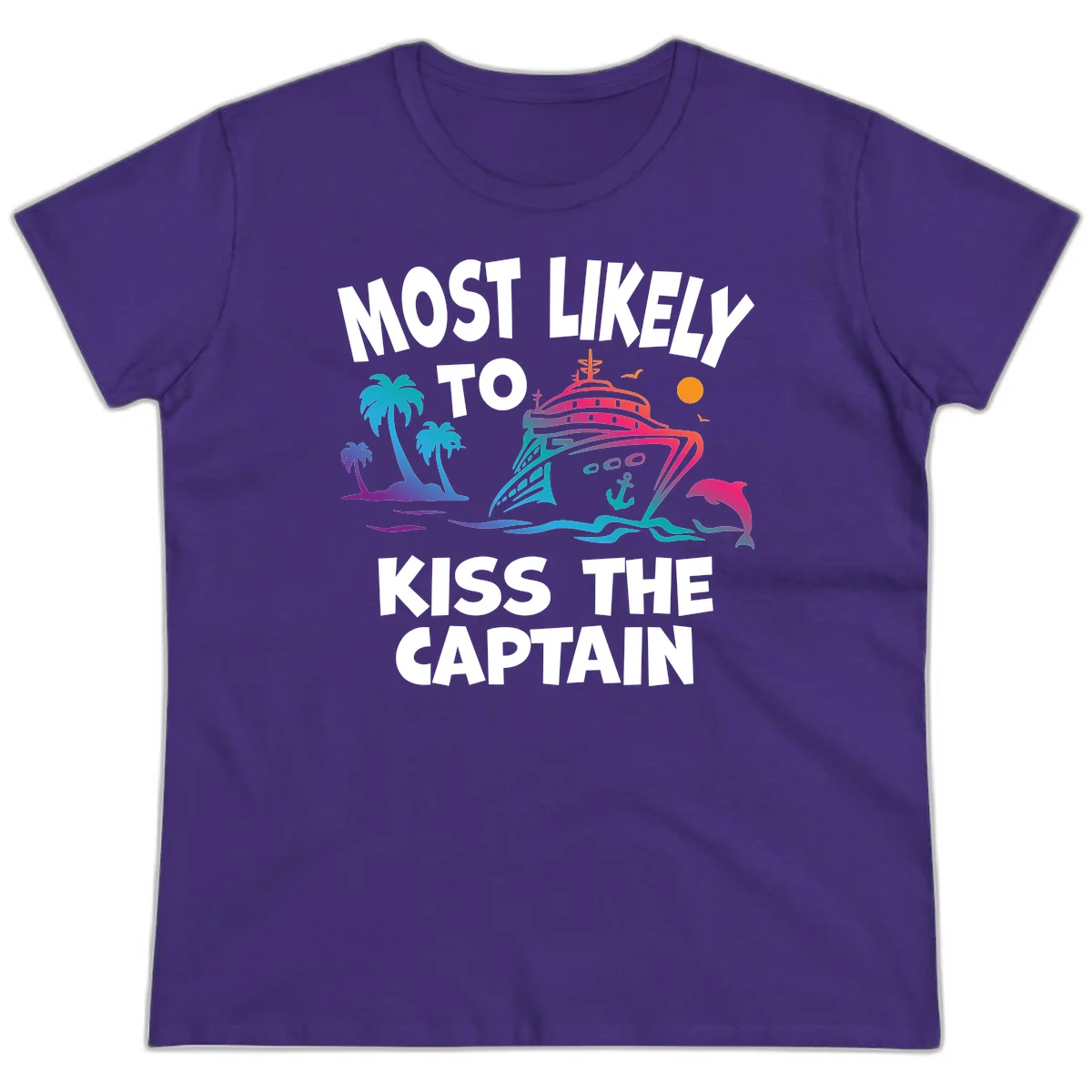 Most Likely To Kiss The Captain Ladies Tee in Purple