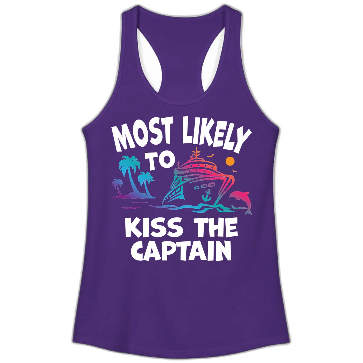 Most Likely To Kiss The Captain Ladies Tank in Solid Purple Rush