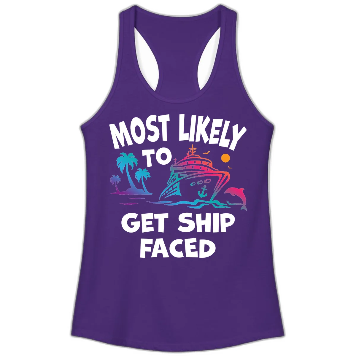 Most Likely To Get Ship Faced Ladies Tank in Solid Purple Rush