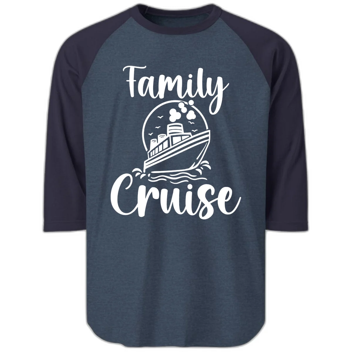 Family Cruise Adventure Ship Raglan 3/4 Sleeve in Heather Denim Navy
