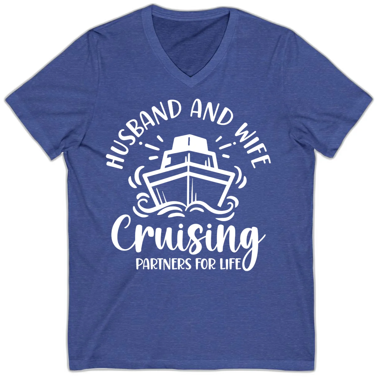 Husband And Wife Cruising Partners V-Neck in Heather True Royal