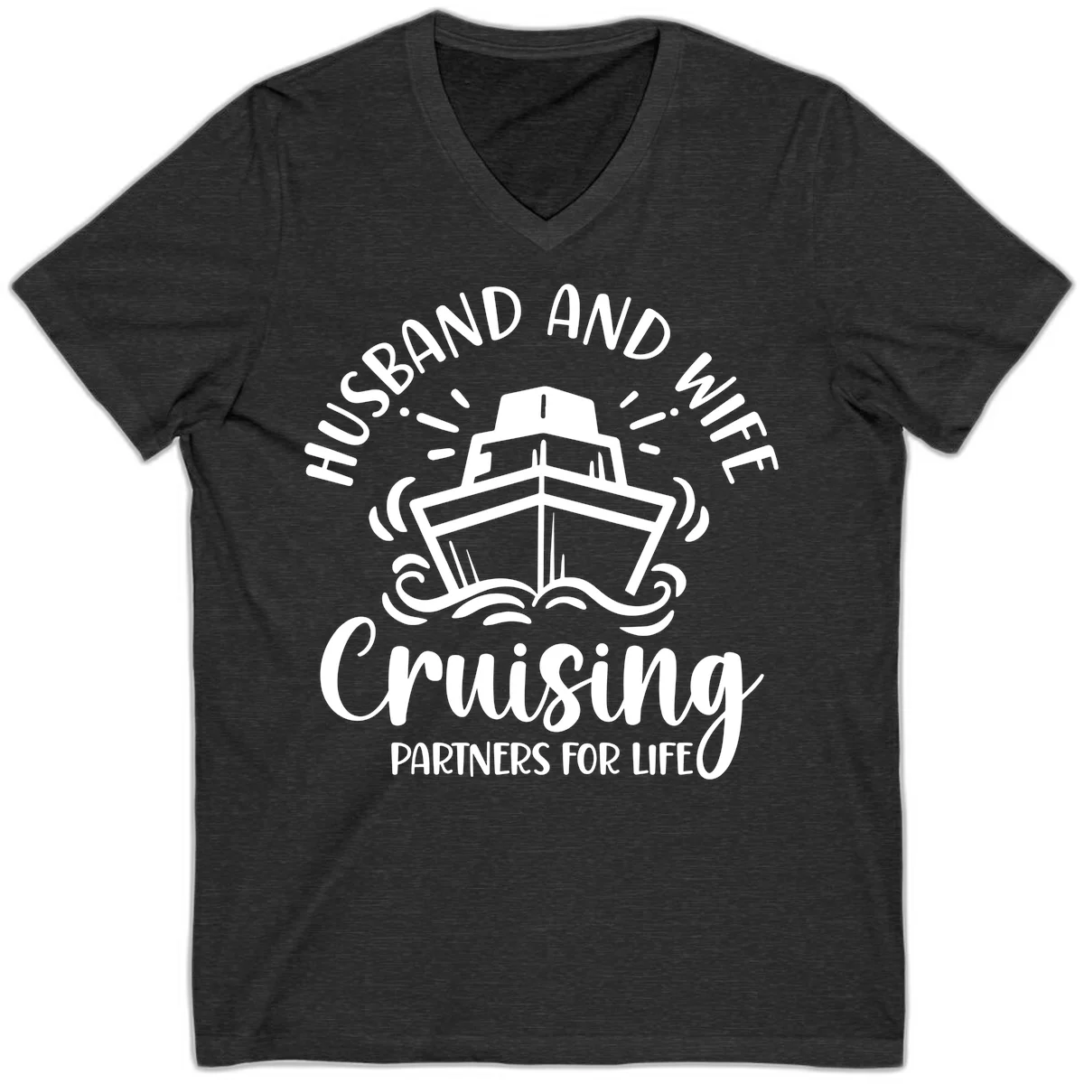 Husband And Wife Cruising Partners V-Neck in Dark Grey Heather