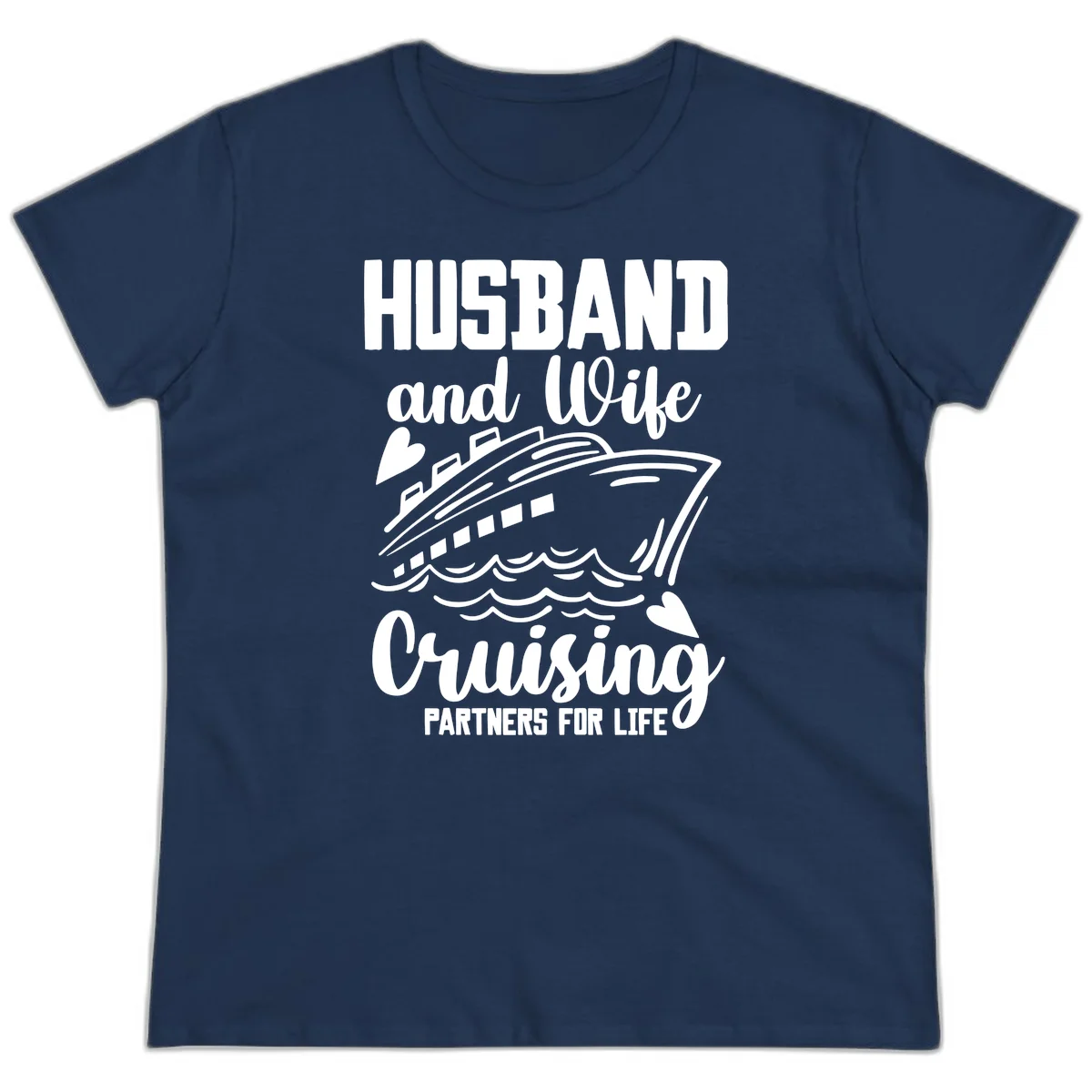 Husband and Wife Cruising Partners For Life Ladies Tee in Navy