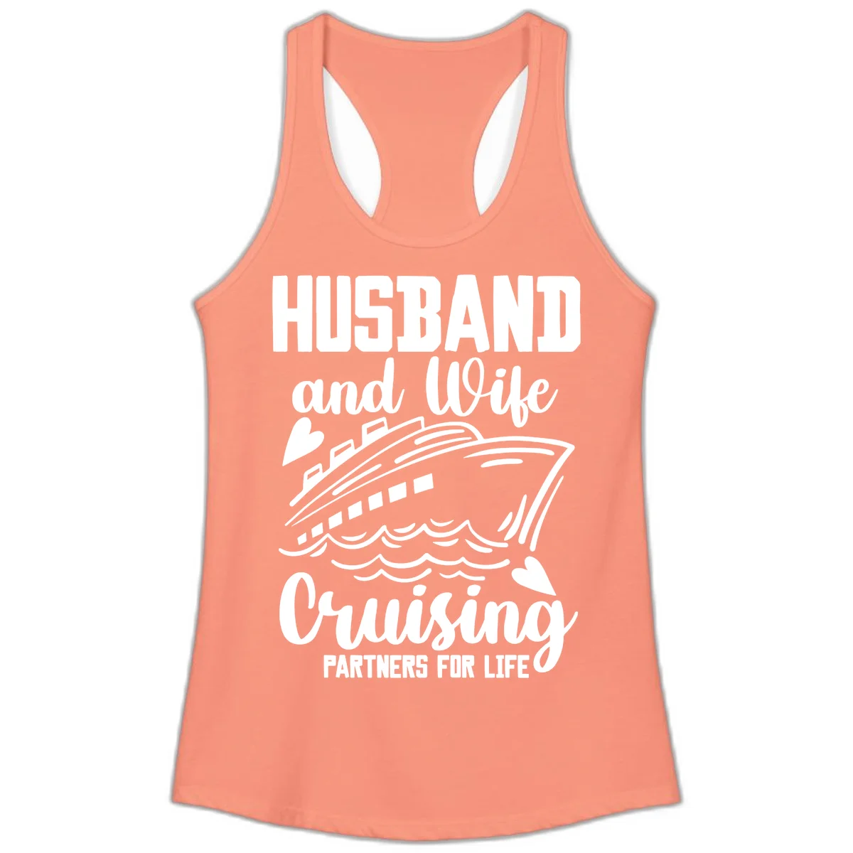 Husband and Wife Cruising Partners For Life Ladies Tank in Solid Light Orange