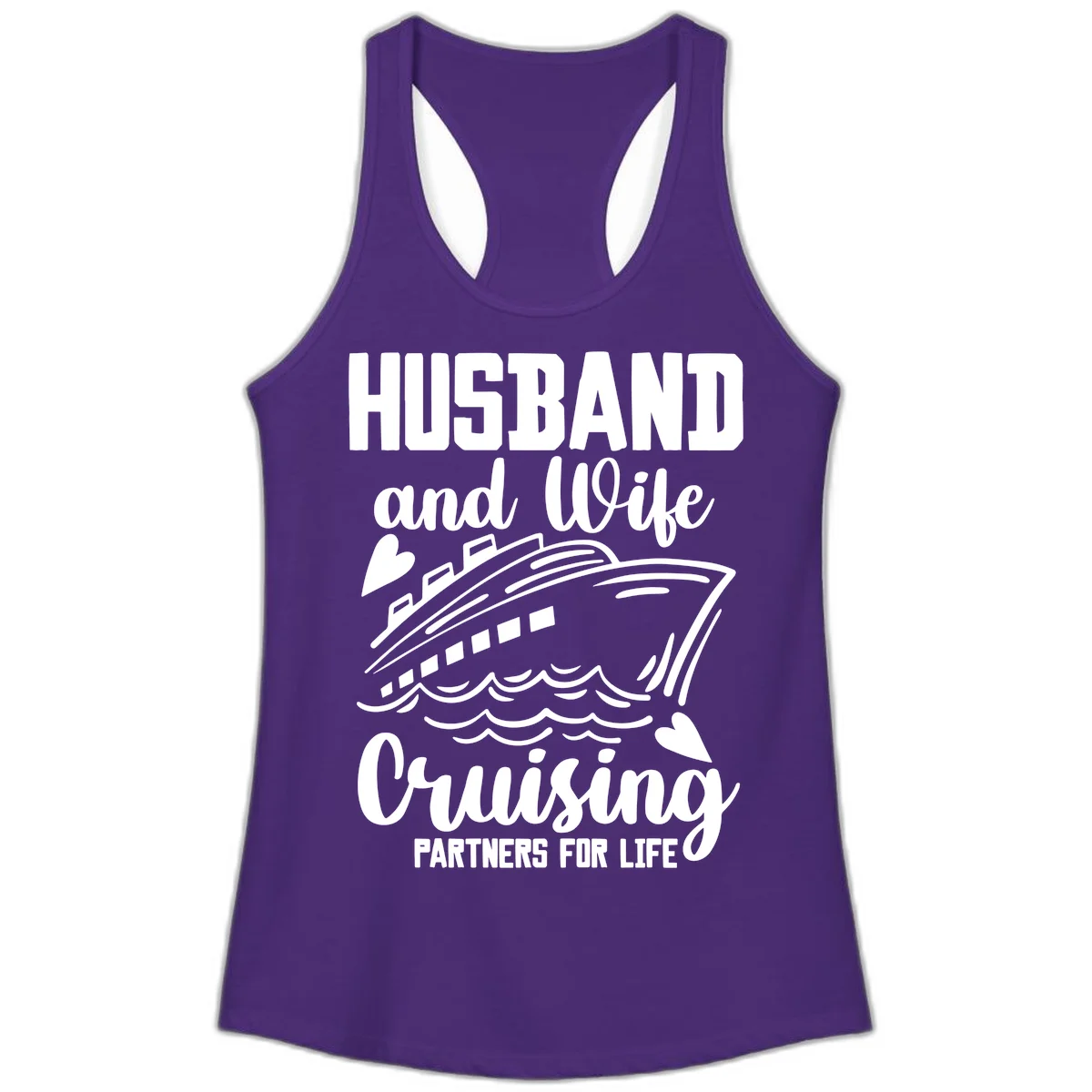 Husband and Wife Cruising Partners For Life Ladies Tank in Solid Purple Rush