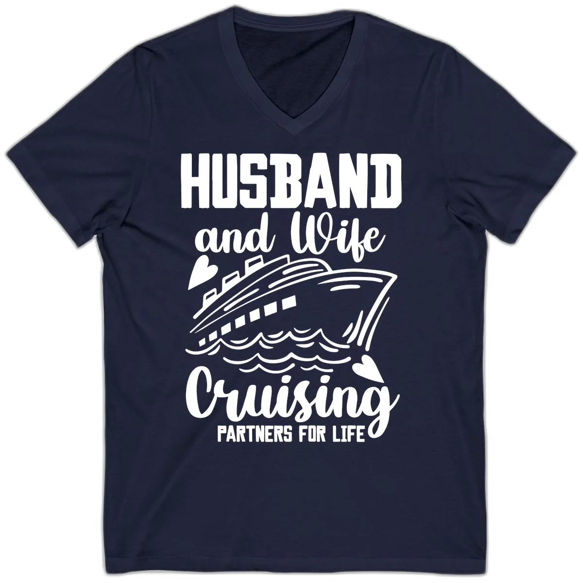 Husband and Wife Cruising Partners For Life V-Neck in Navy