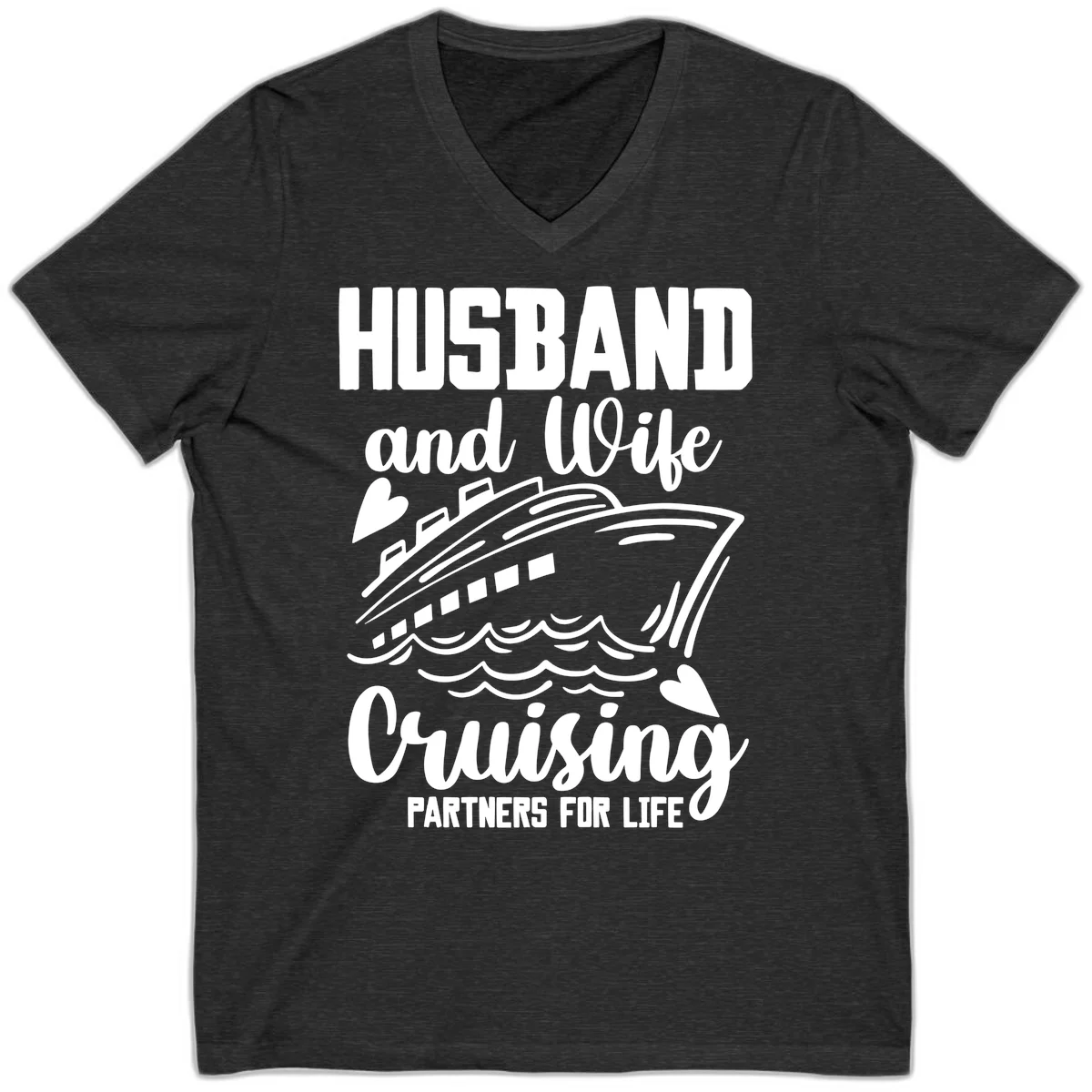 Husband and Wife Cruising Partners For Life V-Neck in Dark Grey Heather