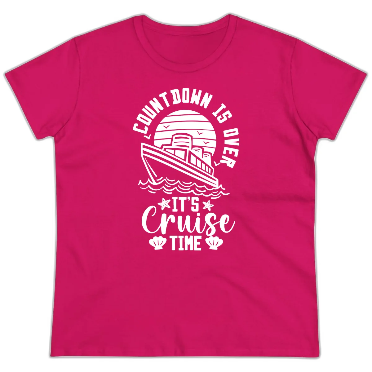 Countdown Is Over It's Cruise Time Ladies Tee in Heliconia