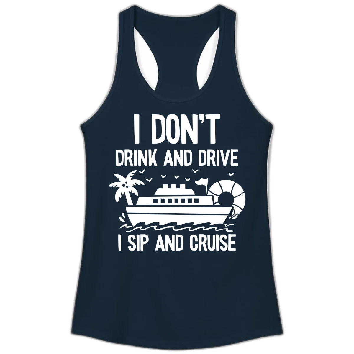 Sip And Cruise Funny Nautical Ladies Tank in Solid Midnight Navy