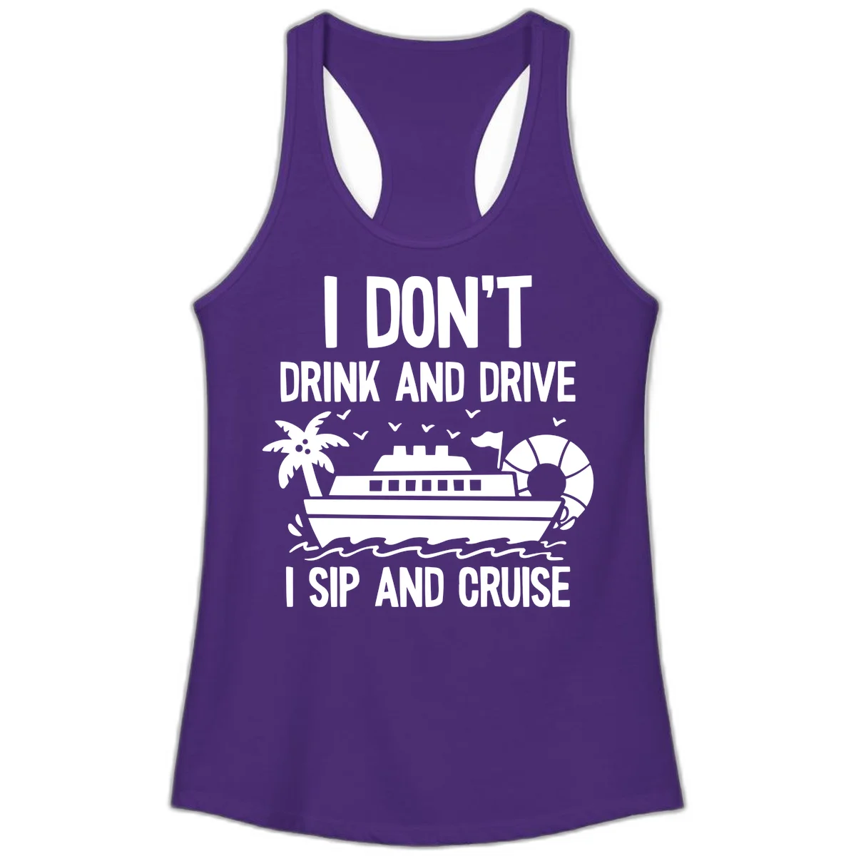 Sip And Cruise Funny Nautical Ladies Tank in Solid Purple Rush
