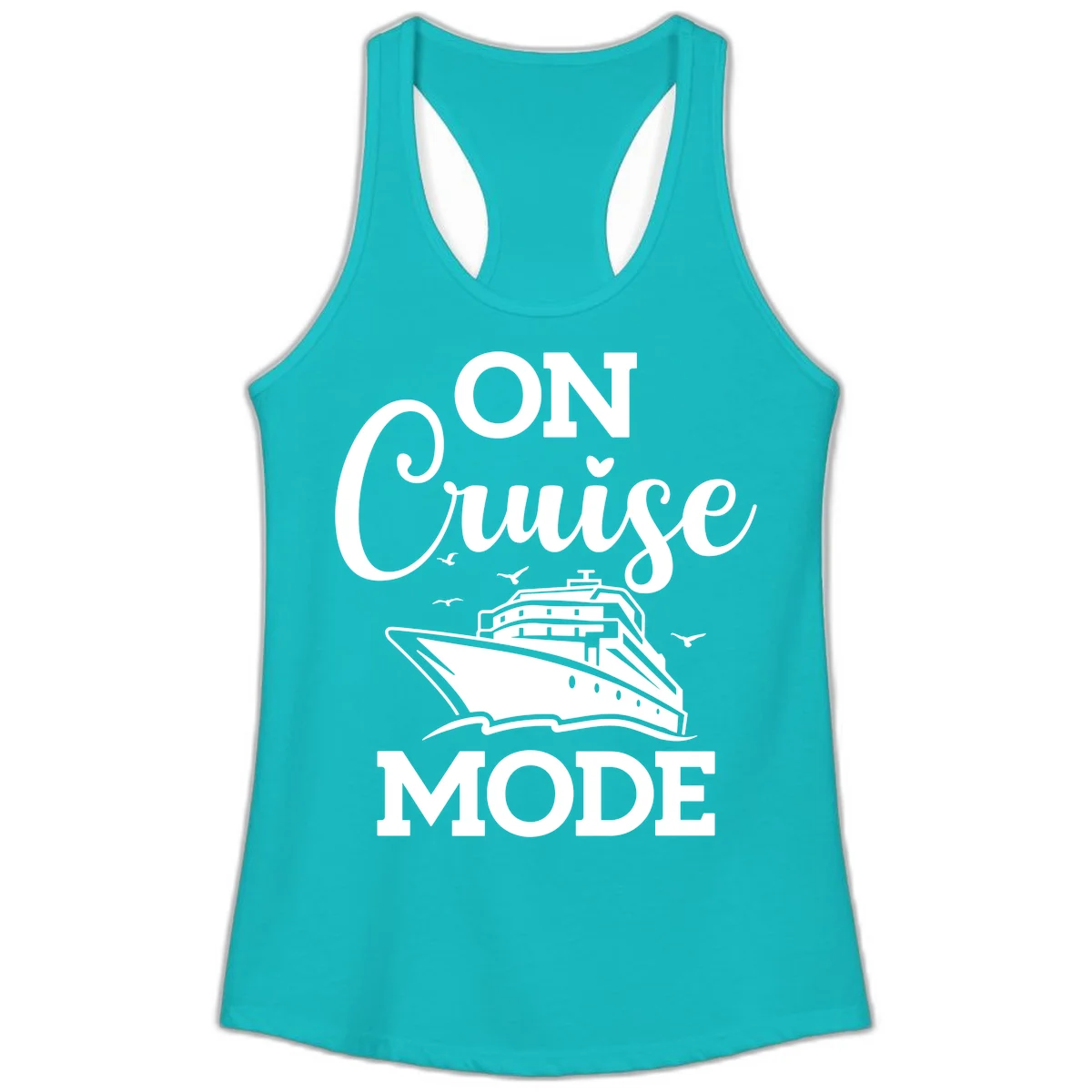 On Cruise Mode Ladies Racerback Tank Top in Tahiti Blue