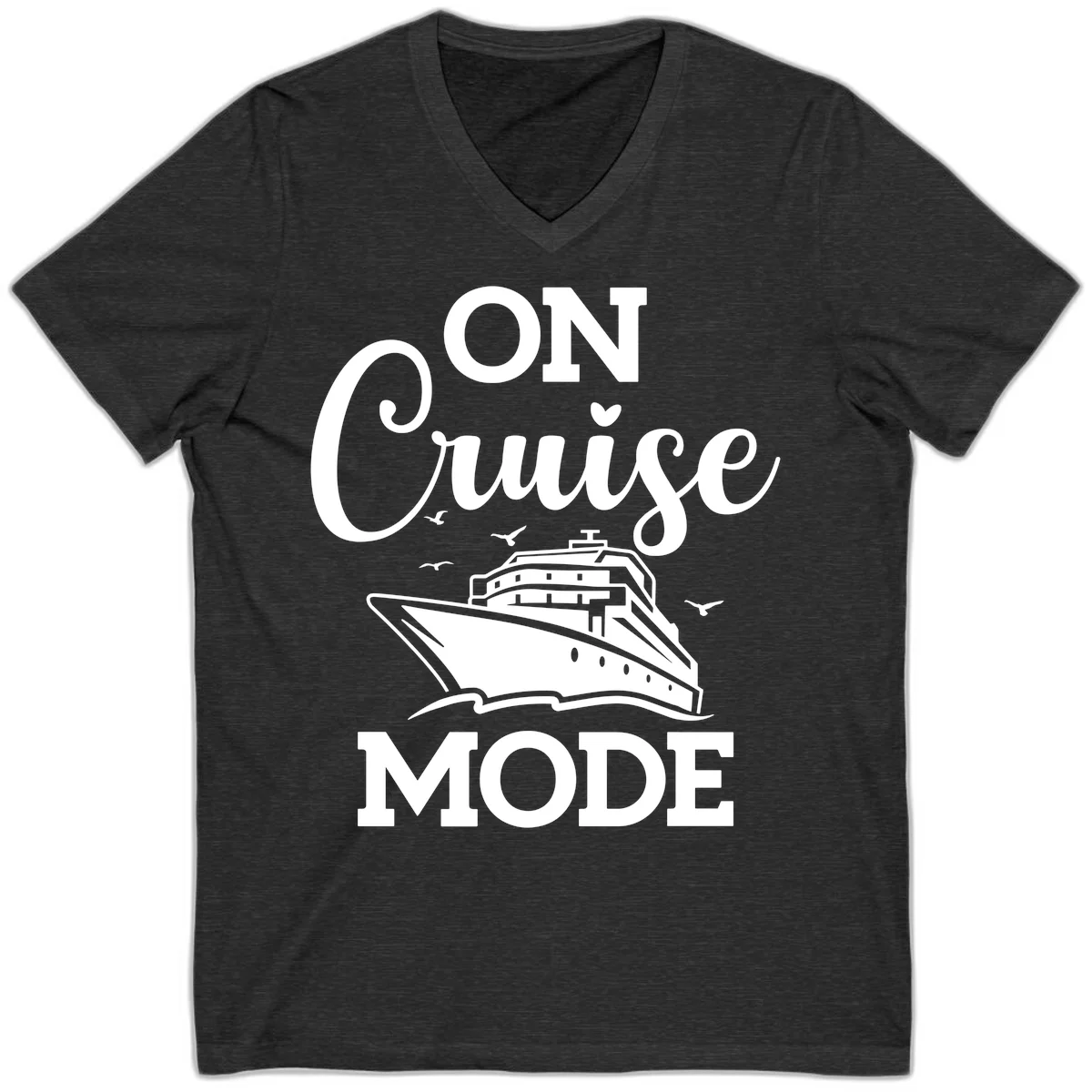 On Cruise Mode V-Neck Cruise Vacation Shirt in Dark Grey Heather