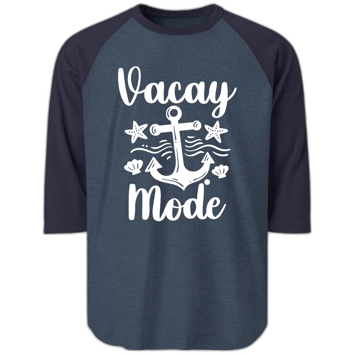 Vacay Mode Anchor Raglan 3/4 Sleeve Tee in Heather Denim Navy