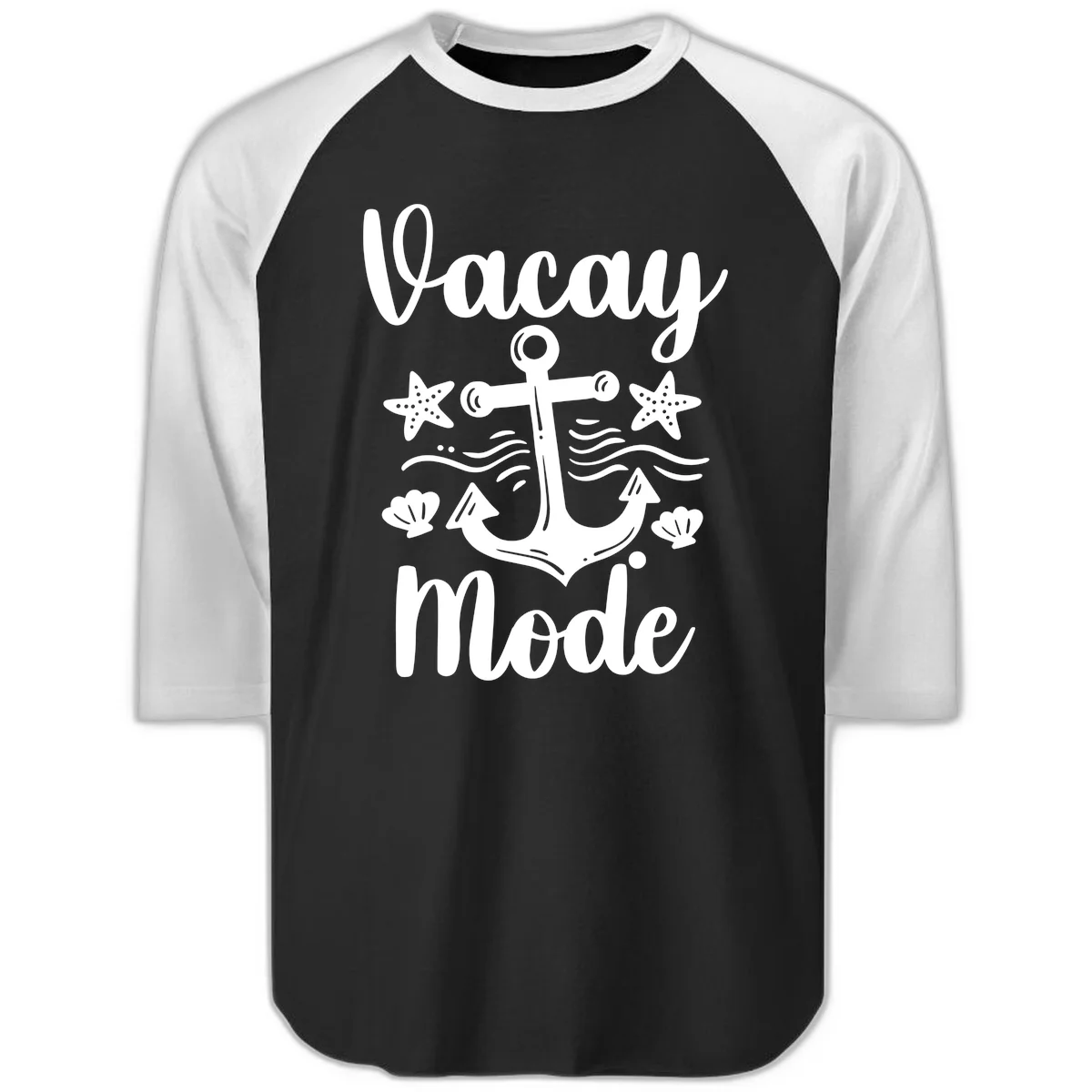 Vacay Mode Anchor Raglan 3/4 Sleeve Tee in Black White
